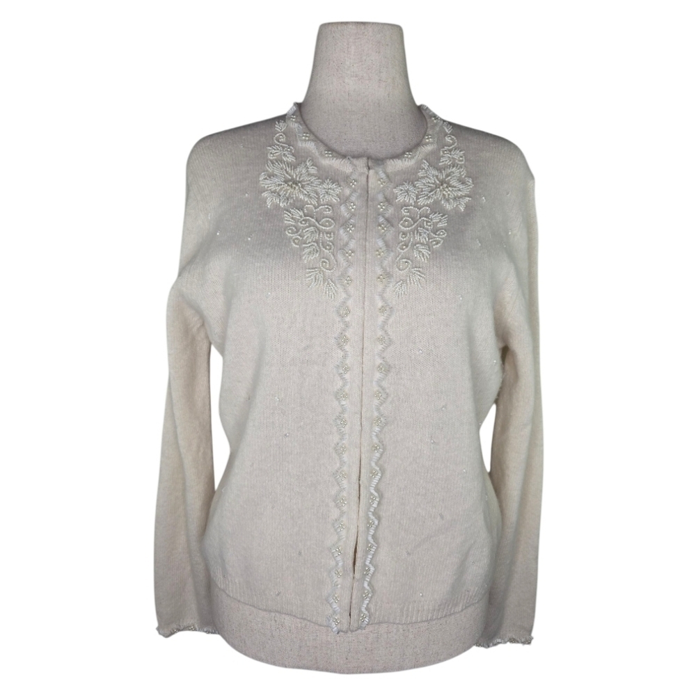 Vintage Jillian Jones Beaded Angora Wool Cardigan Ivory Hong Kong L